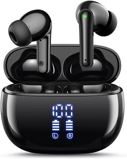 Black wireless earbuds with digital battery display on the charging case