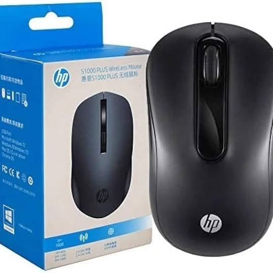 HP S1000 Plus wireless mouse and retail packaging