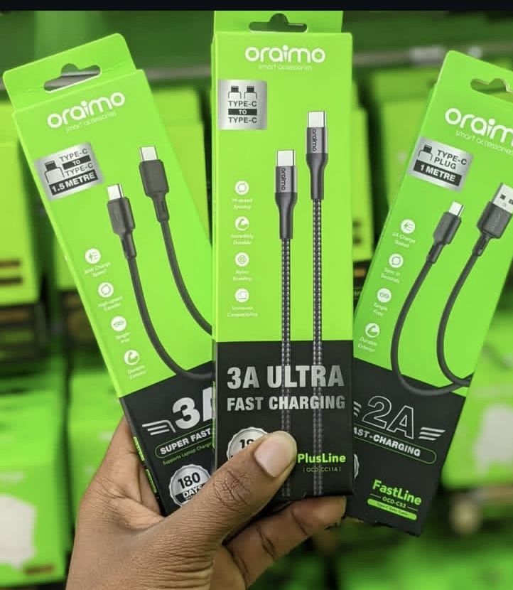 Oraimo 3A Ultra fast-charging cables in retail packaging