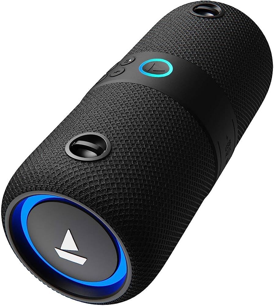 Black cylindrical portable speaker with blue accent ring