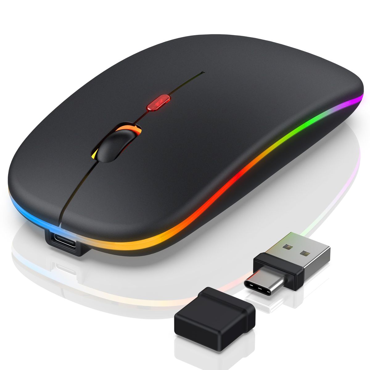 Black wireless mouse with a multicolour light strip and USB receiver